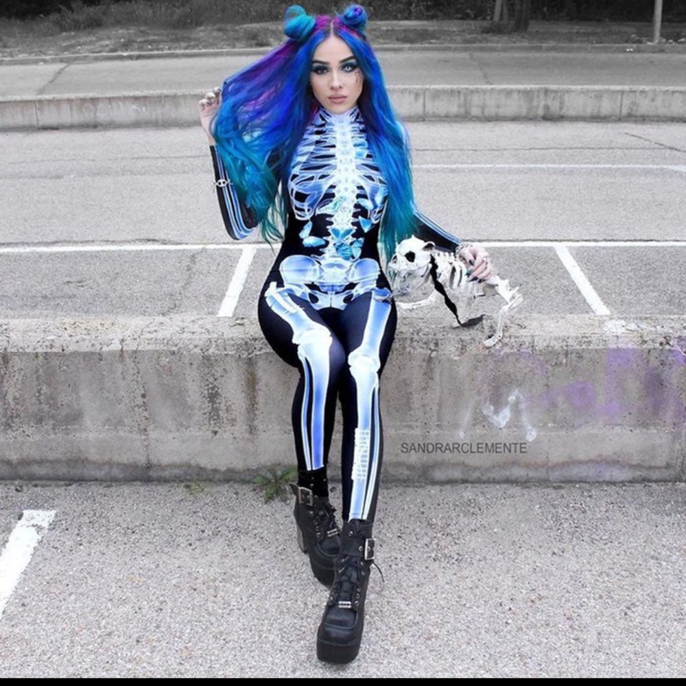 Skeleton Print Bodysuit with Blue and White Design Costume - Picture 3 of 4